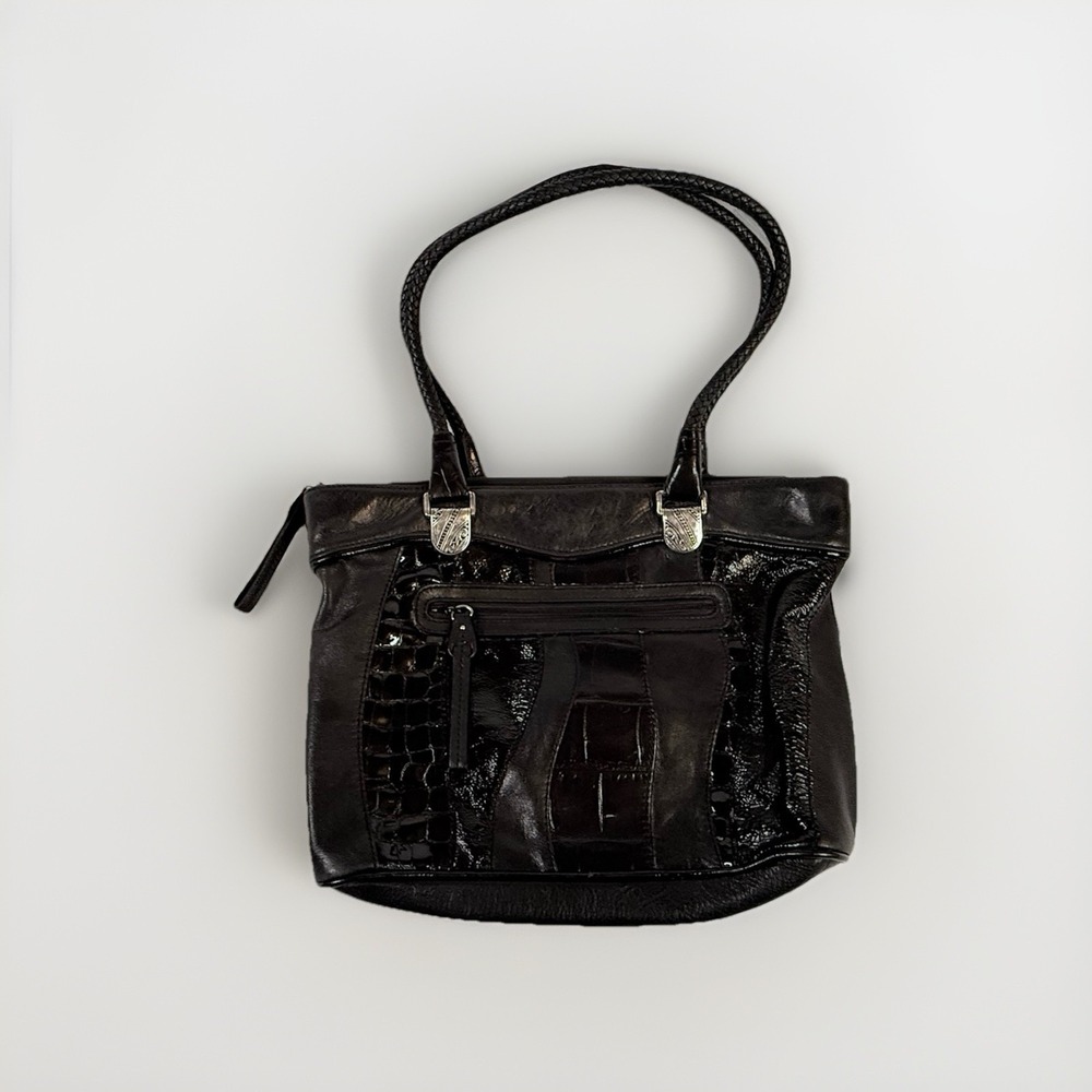 Brighton Black Leather Croc Embossed Patchwork Purse Bag Tote‎